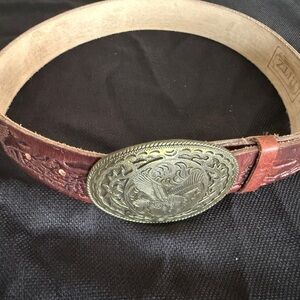 Vintage Brown Leather Embossed Belt with Metal Eagle Buckle
